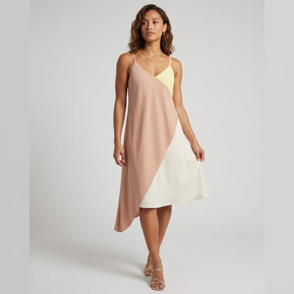 CATO Colorblock Asymmetrical Cami Dress XS Yellow Beige White Mini